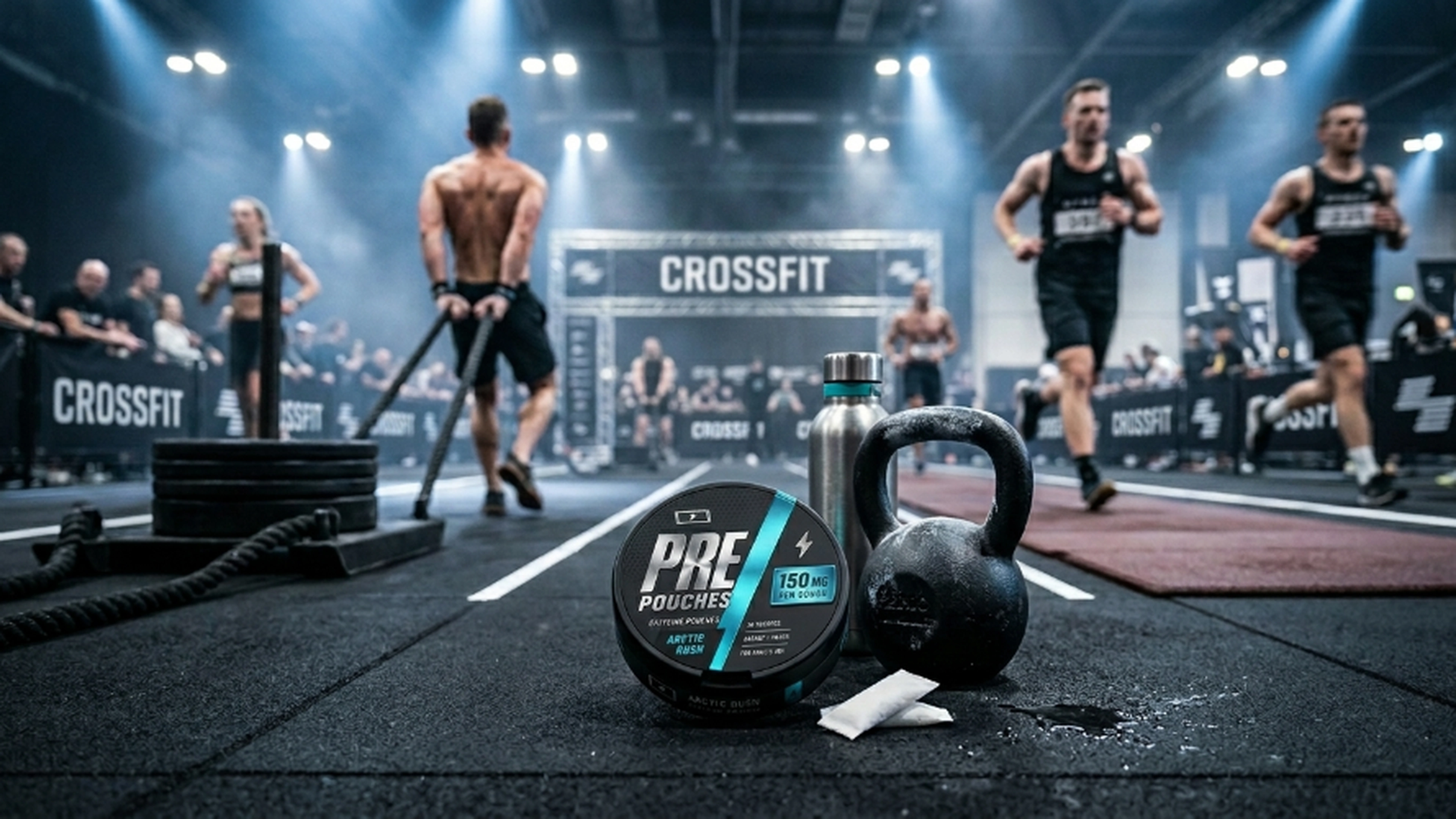 PRE POUCHES beside a kettlebell at a high-intensity fitness competition